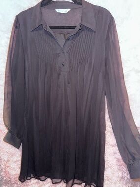 Nine West Black Sheer Pleated Long-Sleeve Button Tunic NWOT